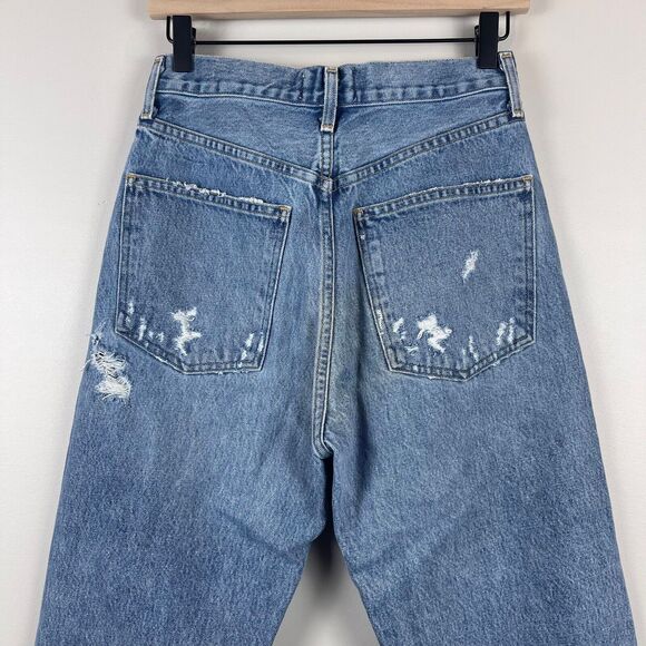 Agolde Jeans Women 25 Blue Denim Medium Wash Straight Leg 90s Distressed Raw Hem - Picture 4 of 11